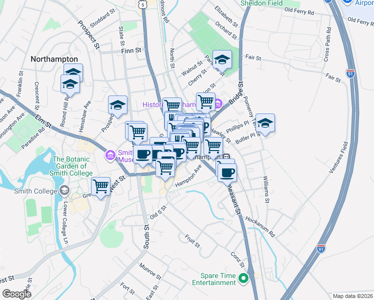 map of restaurants, bars, coffee shops, grocery stores, and more near 78 Main Street in Northampton