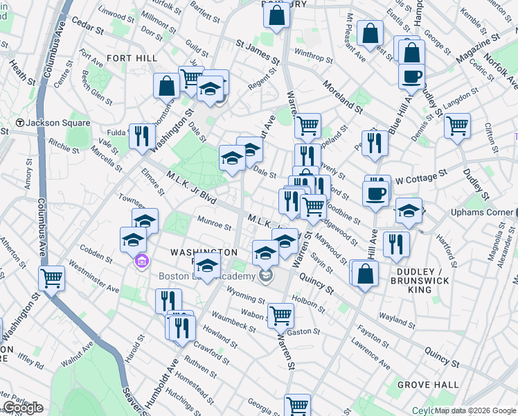 map of restaurants, bars, coffee shops, grocery stores, and more near 39 South Charlame Terrace in Boston