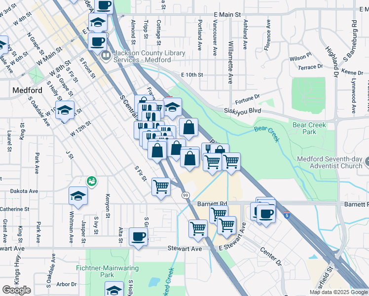 map of restaurants, bars, coffee shops, grocery stores, and more near 839 South Riverside Avenue in Medford