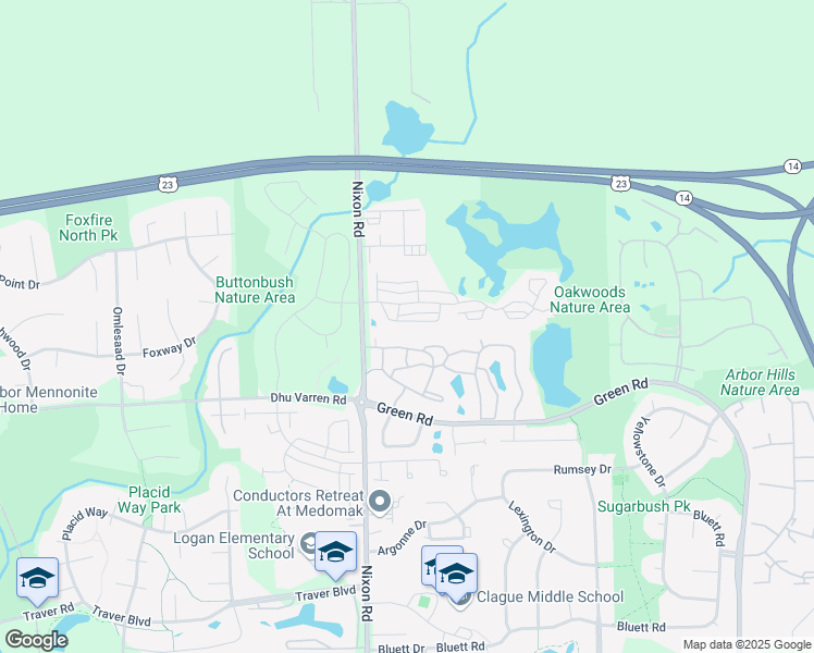 map of restaurants, bars, coffee shops, grocery stores, and more near 2810 Barclay Way in Ann Arbor