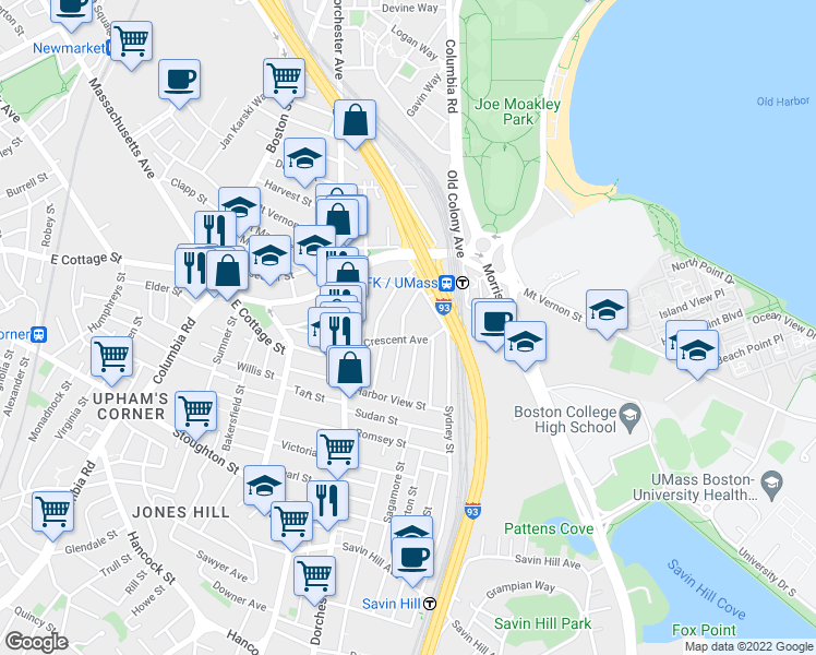 map of restaurants, bars, coffee shops, grocery stores, and more near 82 Crescent Avenue in Boston