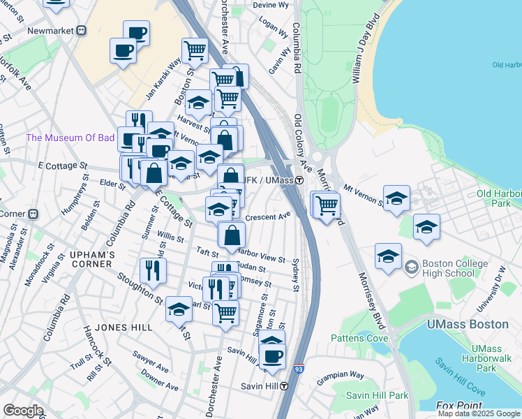 map of restaurants, bars, coffee shops, grocery stores, and more near 17 Moseley Street in Boston