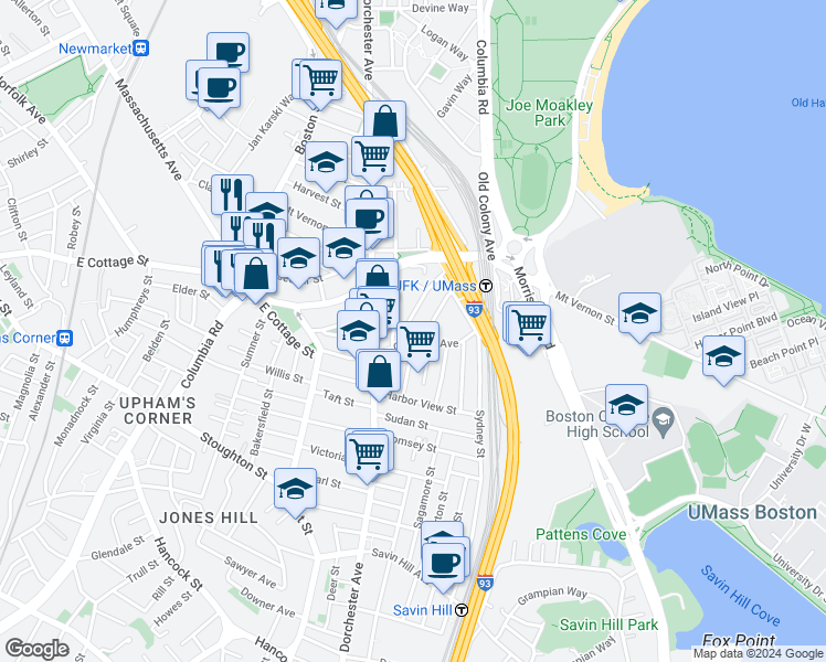 map of restaurants, bars, coffee shops, grocery stores, and more near 17 Moseley Street in Boston