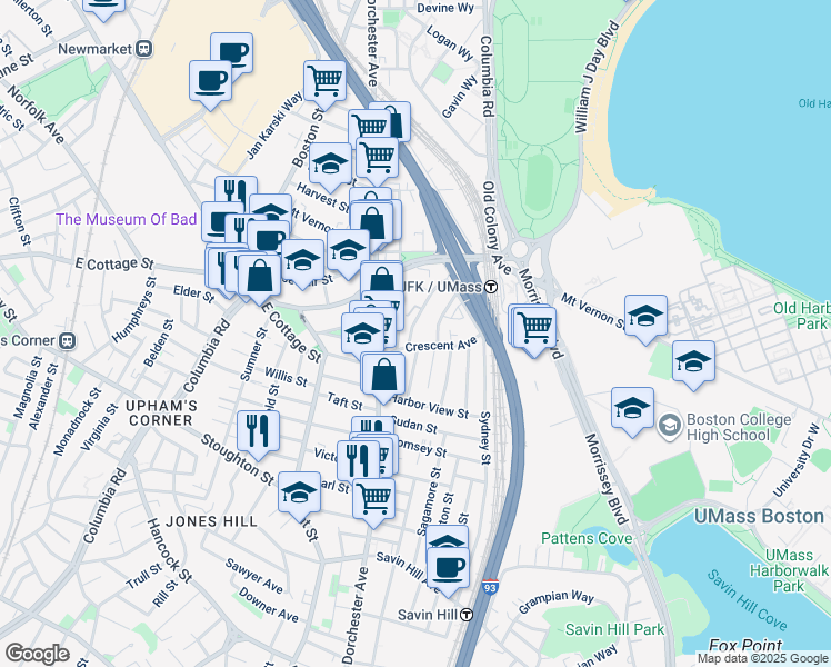 map of restaurants, bars, coffee shops, grocery stores, and more near 17 Moseley Street in Boston