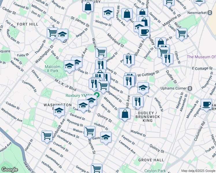 map of restaurants, bars, coffee shops, grocery stores, and more near 14 Woodbine Street in Boston
