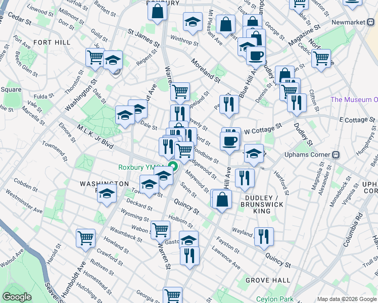 map of restaurants, bars, coffee shops, grocery stores, and more near 14 Woodbine Street in Boston