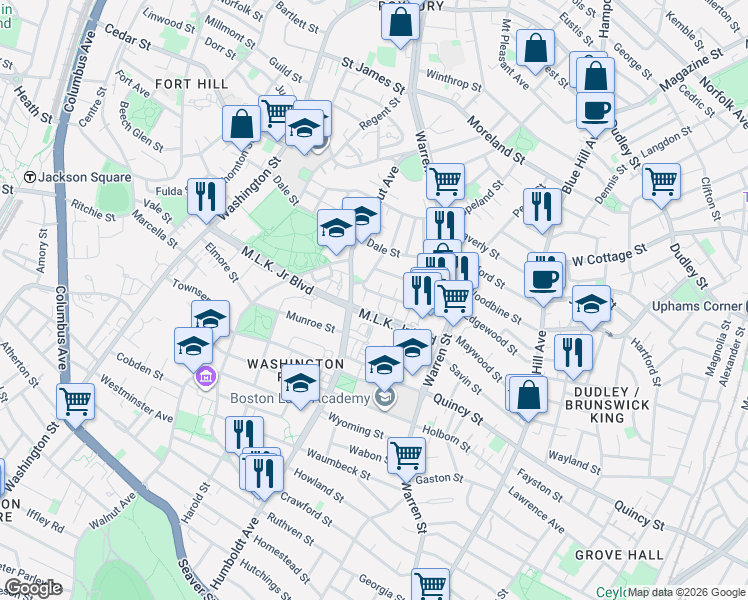 map of restaurants, bars, coffee shops, grocery stores, and more near 39 South Charlame Terrace in Boston