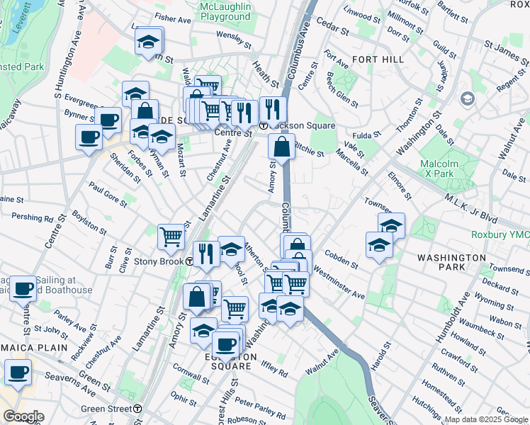 map of restaurants, bars, coffee shops, grocery stores, and more near 112-114 Amory Street in Boston