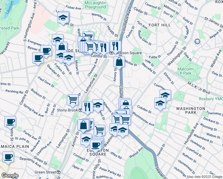 map of restaurants, bars, coffee shops, grocery stores, and more near 112-114 Amory Street in Boston
