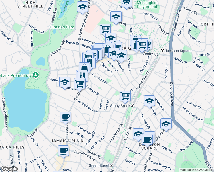map of restaurants, bars, coffee shops, grocery stores, and more near 80 Paul Gore Street in Boston