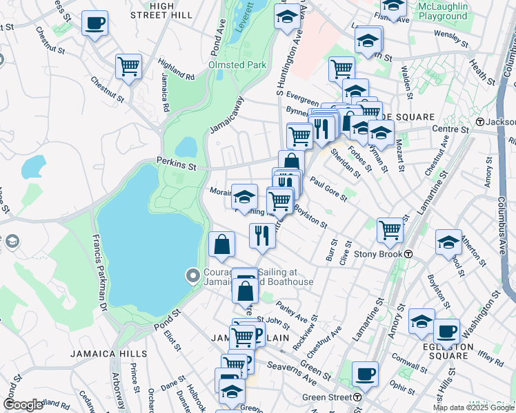 map of restaurants, bars, coffee shops, grocery stores, and more near 30 Moraine Street in Boston