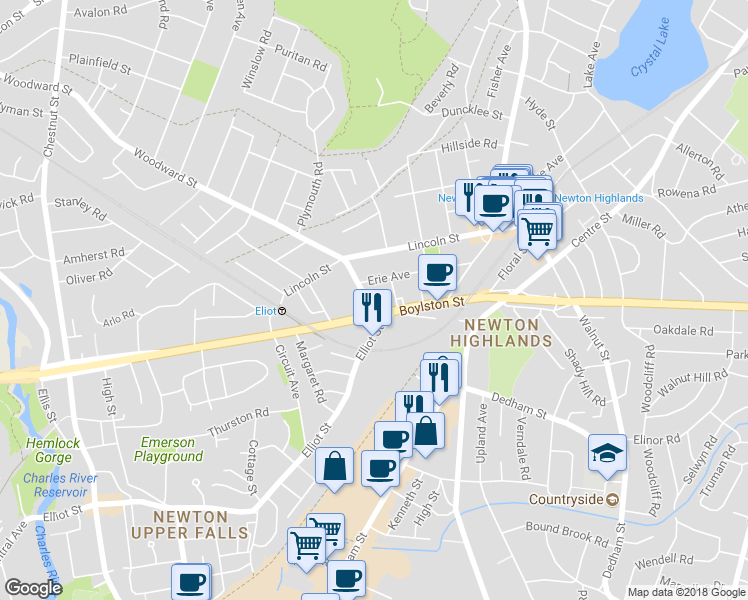 map of restaurants, bars, coffee shops, grocery stores, and more near 21 Woodward Street in Newton