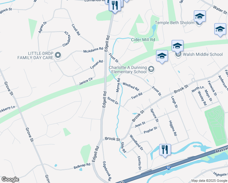 map of restaurants, bars, coffee shops, grocery stores, and more near 8 Myrna Road in Framingham