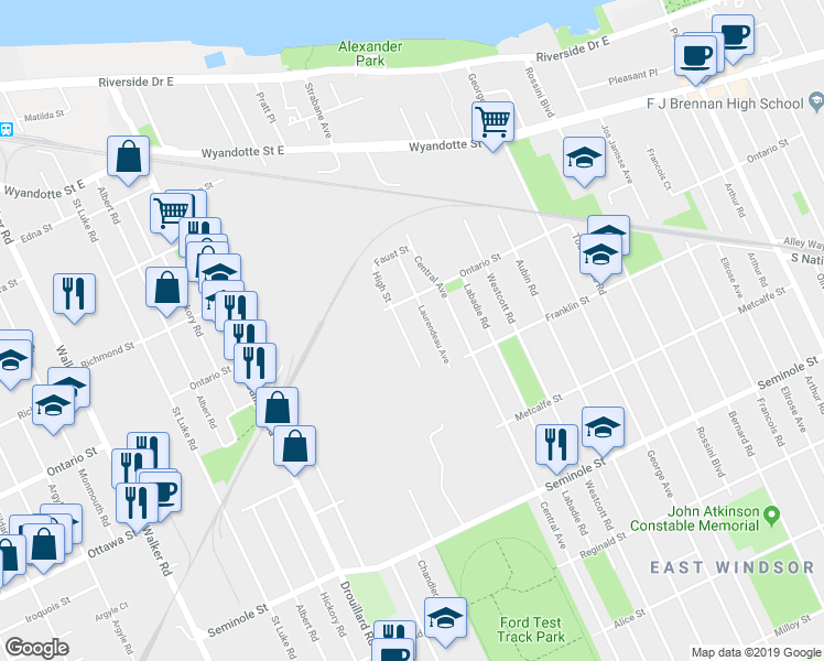 map of restaurants, bars, coffee shops, grocery stores, and more near 1221 High Street in Windsor
