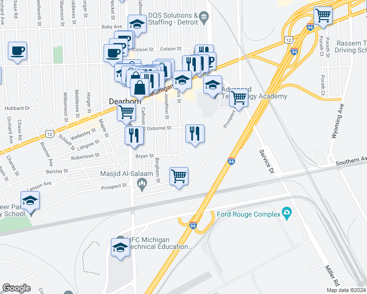 map of restaurants, bars, coffee shops, grocery stores, and more near 12970 Prospect Street in Dearborn