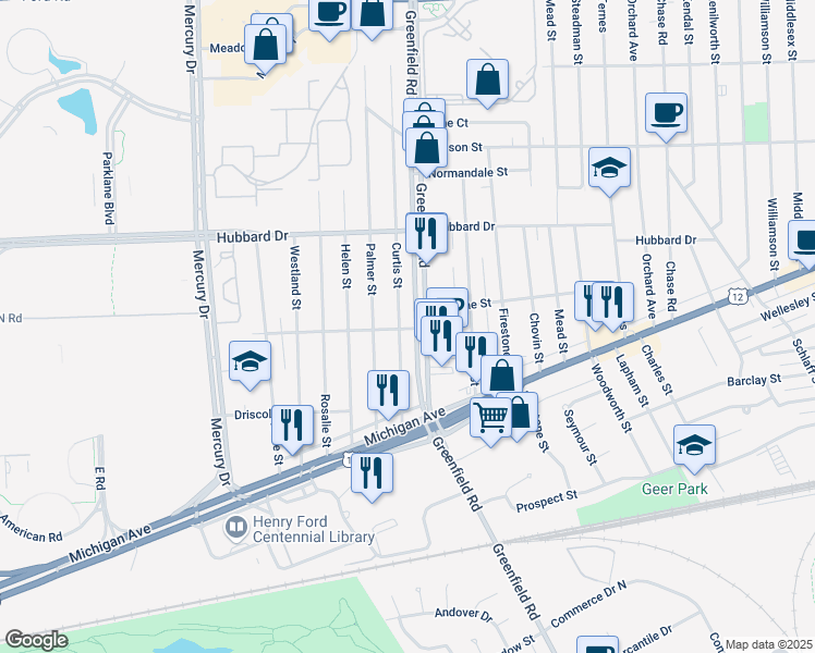 map of restaurants, bars, coffee shops, grocery stores, and more near 4720 Curtis Street in Dearborn