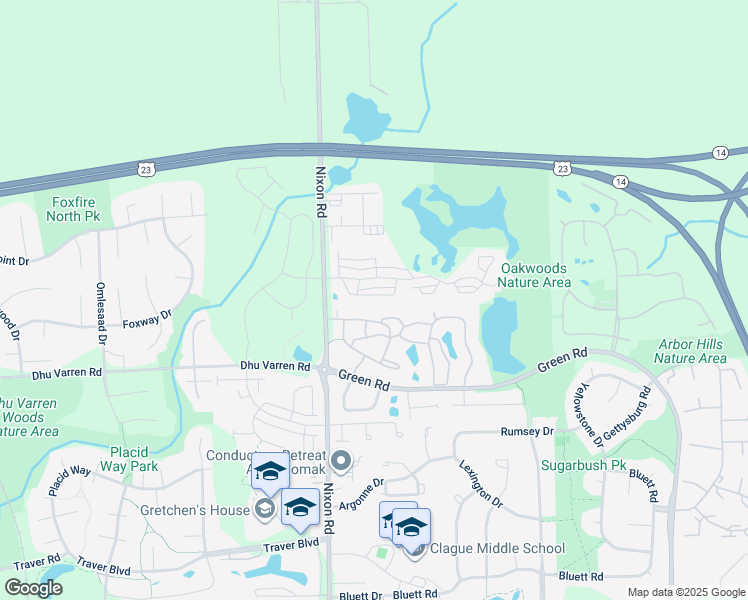 map of restaurants, bars, coffee shops, grocery stores, and more near 2810 Barclay Way in Ann Arbor