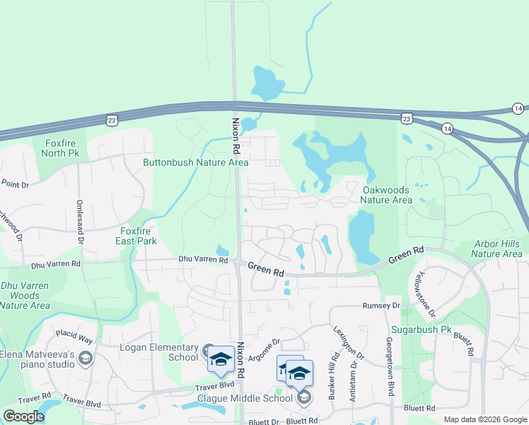 map of restaurants, bars, coffee shops, grocery stores, and more near 2810 Barclay Way in Ann Arbor