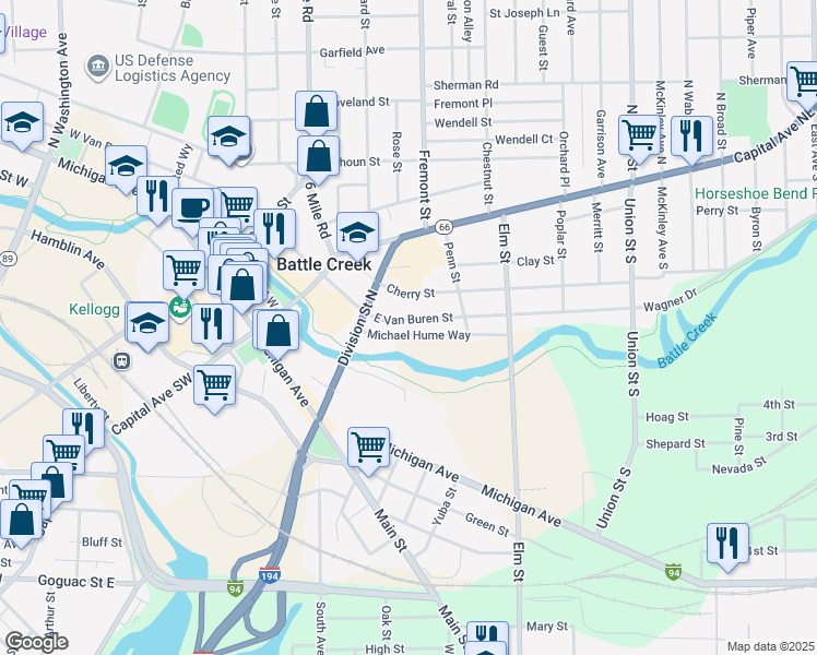 map of restaurants, bars, coffee shops, grocery stores, and more near 100 East Van Buren Street in Battle Creek