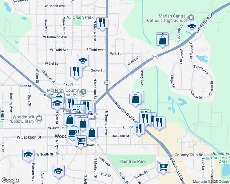 map of restaurants, bars, coffee shops, grocery stores, and more near 338 McHenry Avenue in Woodstock