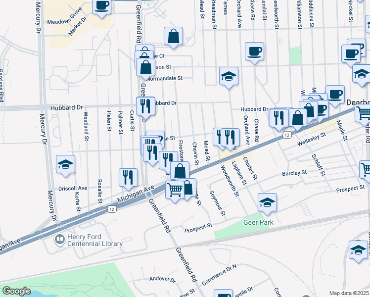 map of restaurants, bars, coffee shops, grocery stores, and more near 4636 Firestone Street in Dearborn