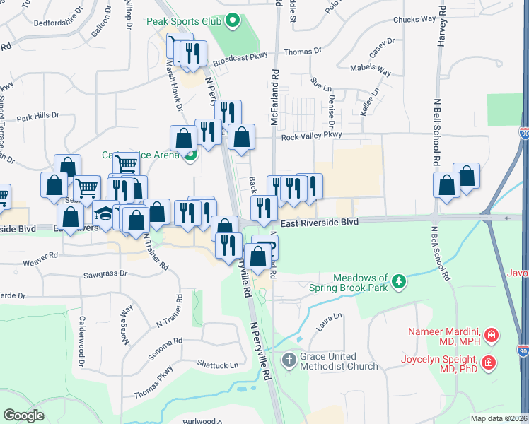 map of restaurants, bars, coffee shops, grocery stores, and more near 4020 McFarland Rd in Loves Park