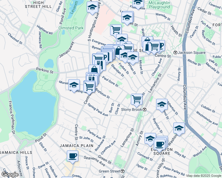 map of restaurants, bars, coffee shops, grocery stores, and more near 32 Oakview Terrace in Boston