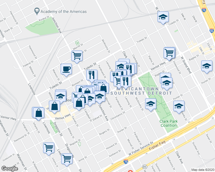 map of restaurants, bars, coffee shops, grocery stores, and more near 1947 Ferdinand Street in Detroit