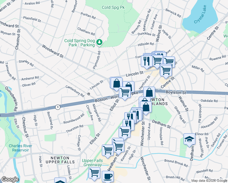 map of restaurants, bars, coffee shops, grocery stores, and more near 19 Woodward Street in Newton