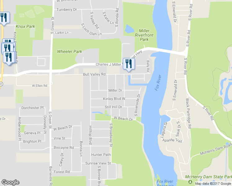 map of restaurants, bars, coffee shops, grocery stores, and more near 3109 Miller Drive in McHenry