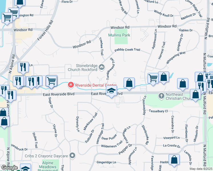 map of restaurants, bars, coffee shops, grocery stores, and more near 4089 Tumbleweed Trail in Loves Park