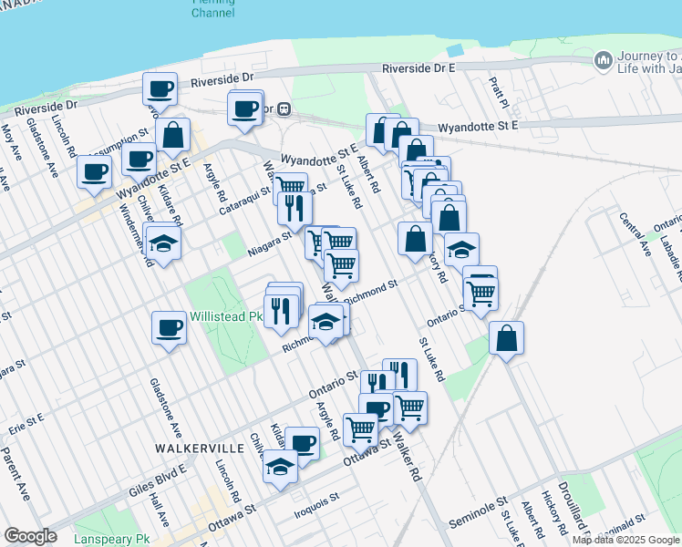 map of restaurants, bars, coffee shops, grocery stores, and more near 1030 Walker Road in Windsor