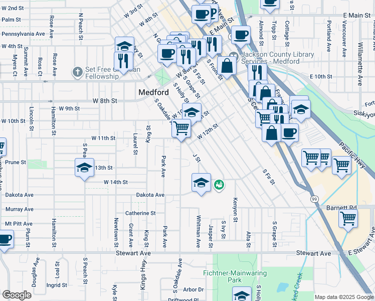 map of restaurants, bars, coffee shops, grocery stores, and more near 419 South Oakdale Avenue in Medford