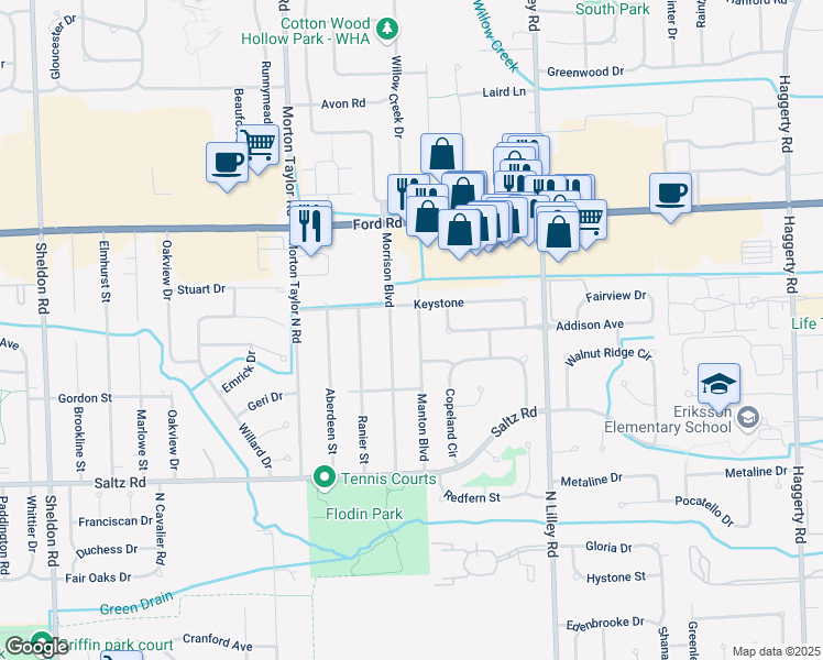 map of restaurants, bars, coffee shops, grocery stores, and more near 1810 Manton Boulevard in Canton