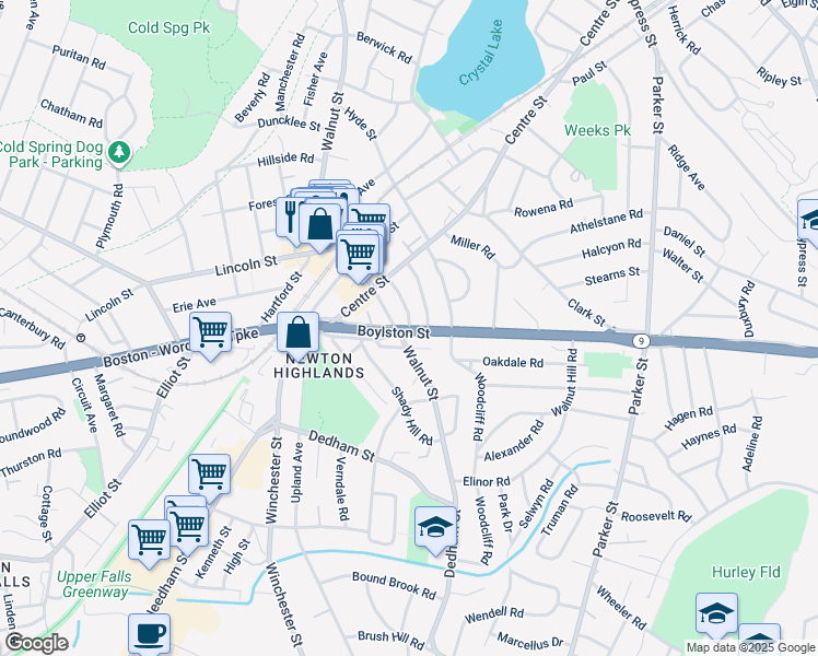 map of restaurants, bars, coffee shops, grocery stores, and more near 96 Boylston Road in Newton