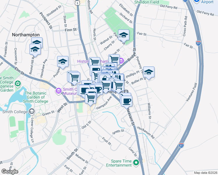 map of restaurants, bars, coffee shops, grocery stores, and more near 19 Strong Avenue in Northampton