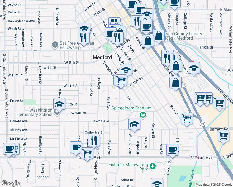 map of restaurants, bars, coffee shops, grocery stores, and more near 418 South Oakdale Avenue in Medford