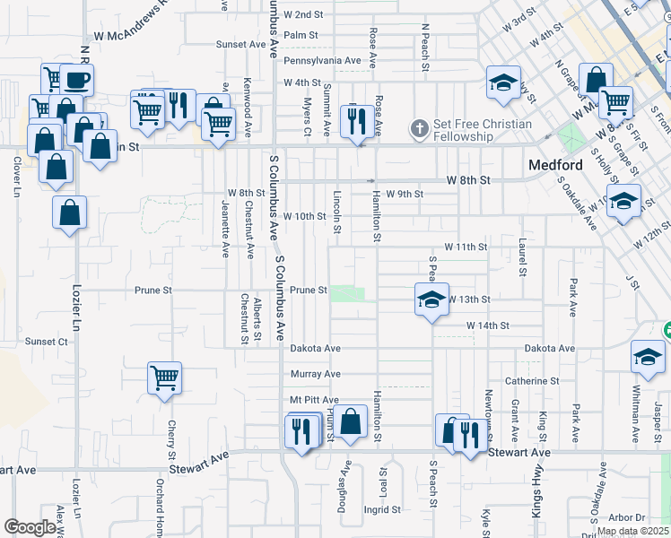 map of restaurants, bars, coffee shops, grocery stores, and more near 423 Plum Street in Medford