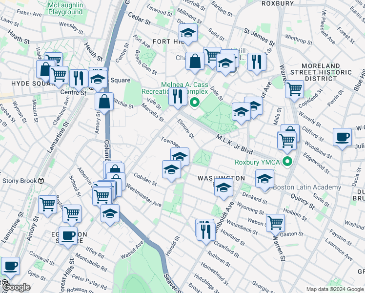 map of restaurants, bars, coffee shops, grocery stores, and more near 52 Townsend Street in Boston