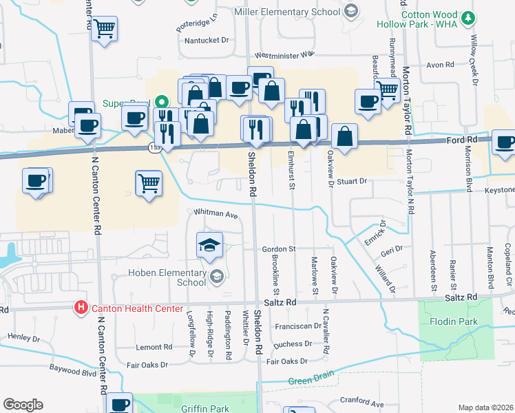 map of restaurants, bars, coffee shops, grocery stores, and more near 1822 Sheldon Road in Canton