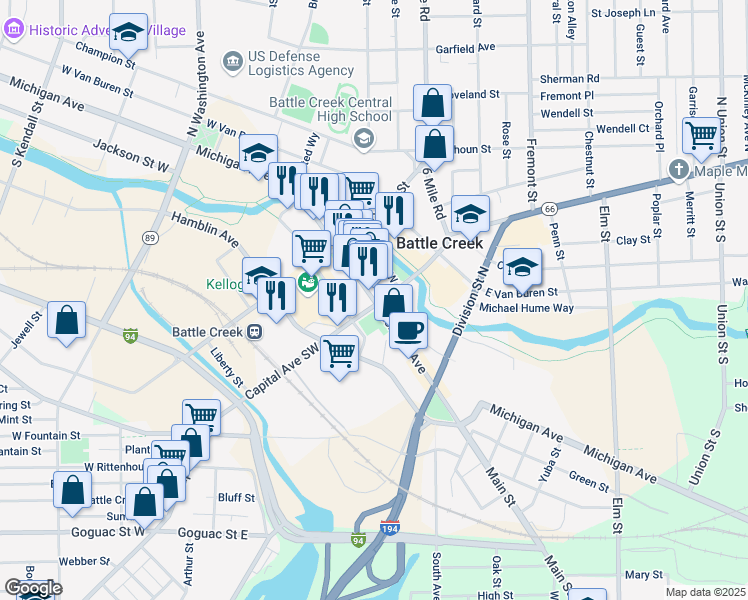 map of restaurants, bars, coffee shops, grocery stores, and more near 9 Capital Avenue Northeast in Battle Creek