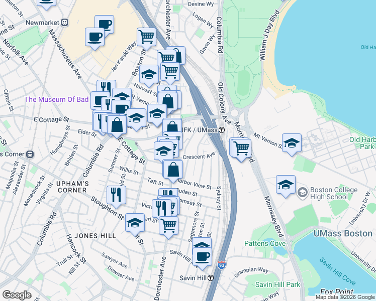 map of restaurants, bars, coffee shops, grocery stores, and more near 17 Moseley Street in Boston