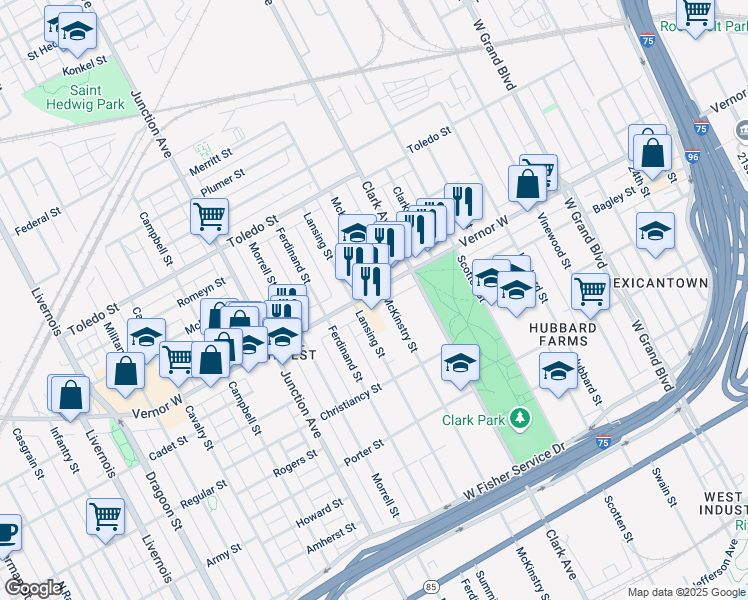 map of restaurants, bars, coffee shops, grocery stores, and more near 4601 Vernor Highway in Detroit