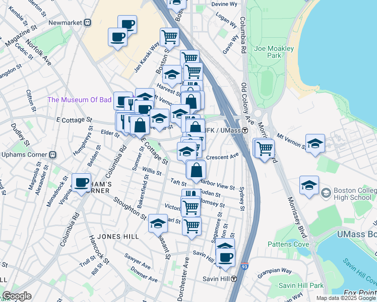 map of restaurants, bars, coffee shops, grocery stores, and more near 915 Dorchester Avenue in Boston