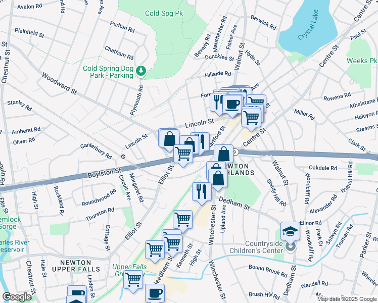map of restaurants, bars, coffee shops, grocery stores, and more near 961 Boylston Street in Newton