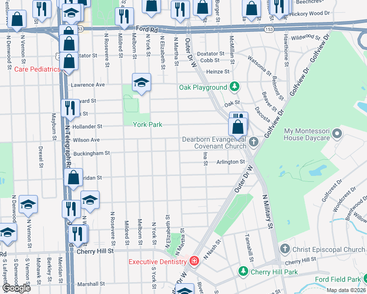 map of restaurants, bars, coffee shops, grocery stores, and more near 23142 Buckingham Street in Dearborn