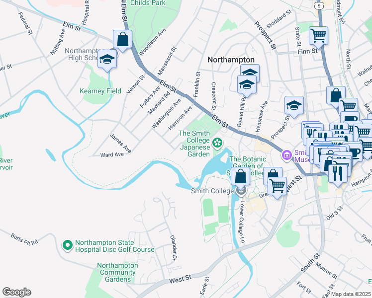 map of restaurants, bars, coffee shops, grocery stores, and more near 75 Dryads Green in Northampton