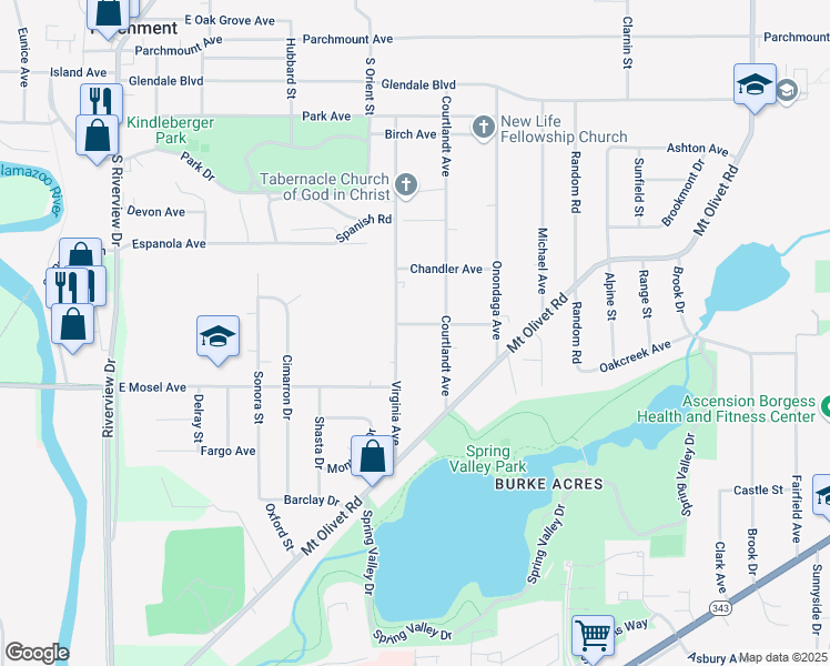 map of restaurants, bars, coffee shops, grocery stores, and more near 1720 Troy Avenue in Kalamazoo