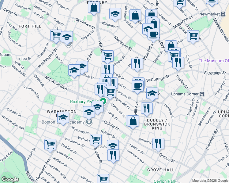 map of restaurants, bars, coffee shops, grocery stores, and more near 14 Woodbine Street in Boston
