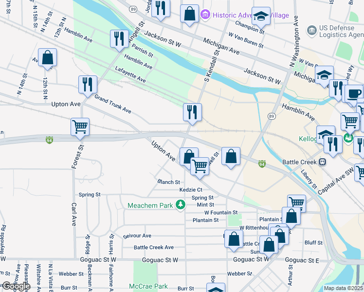 map of restaurants, bars, coffee shops, grocery stores, and more near 216 South Kendall Street in Battle Creek